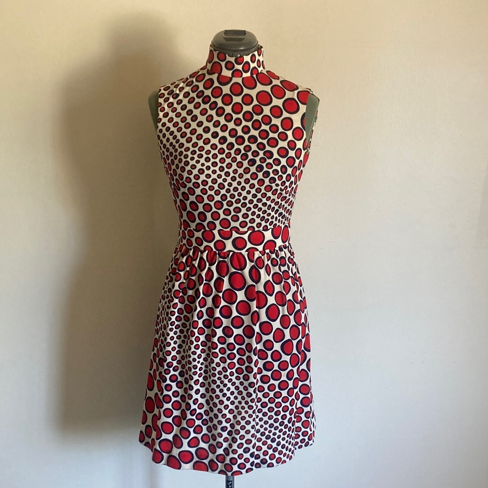 1970s Red and Navy Blue Polka Dot Circle Print Mini Dress
